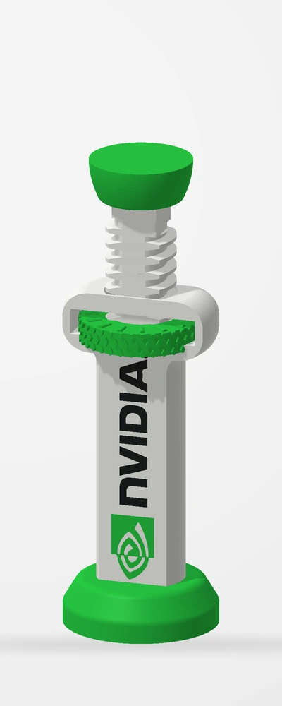 Assembled white NVIDIA GPU support with green adjustment wheel and top pad